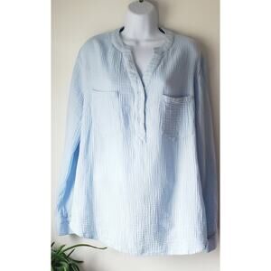 Womens Light Blue Long Sleeve Gauze Pullover Shirt Size XL Preppy Beachy Resort